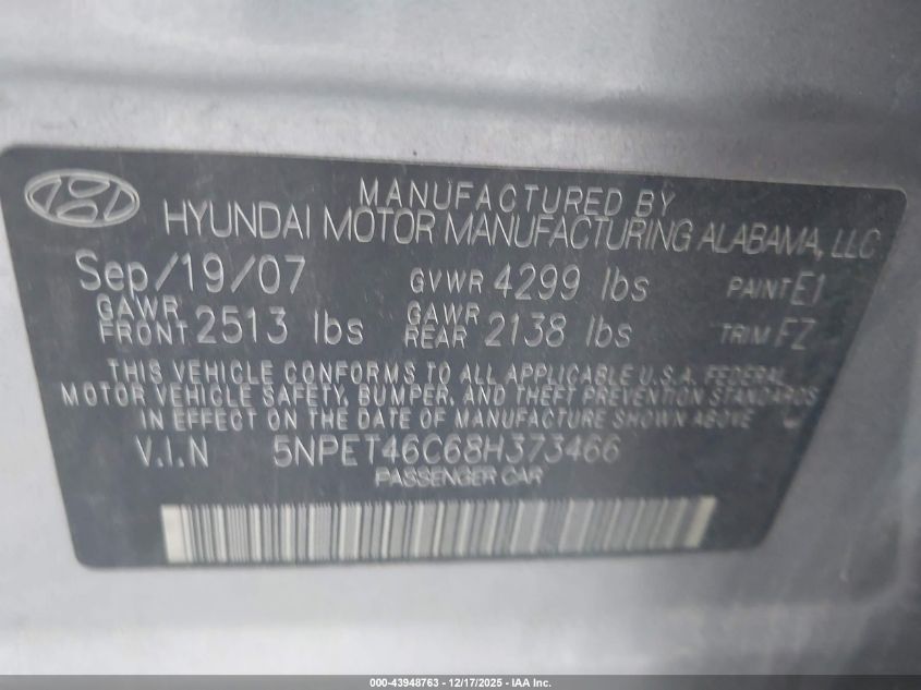 2008 Hyundai Sonata Gls VIN: 5NPET46C68H373466 Lot: 43948763