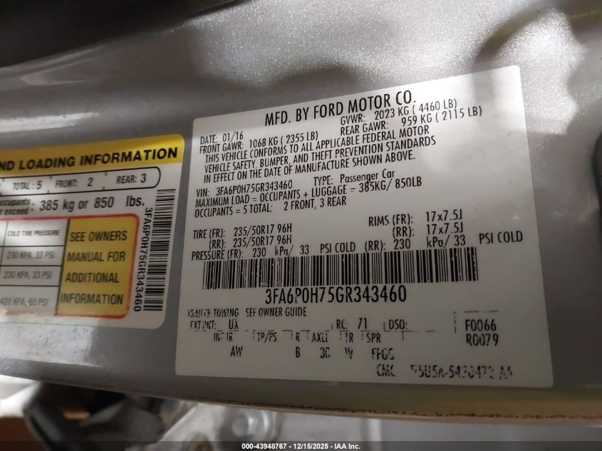 2016 Ford Fusion Se VIN: 3FA6P0H75GR343460 Lot: 43948767