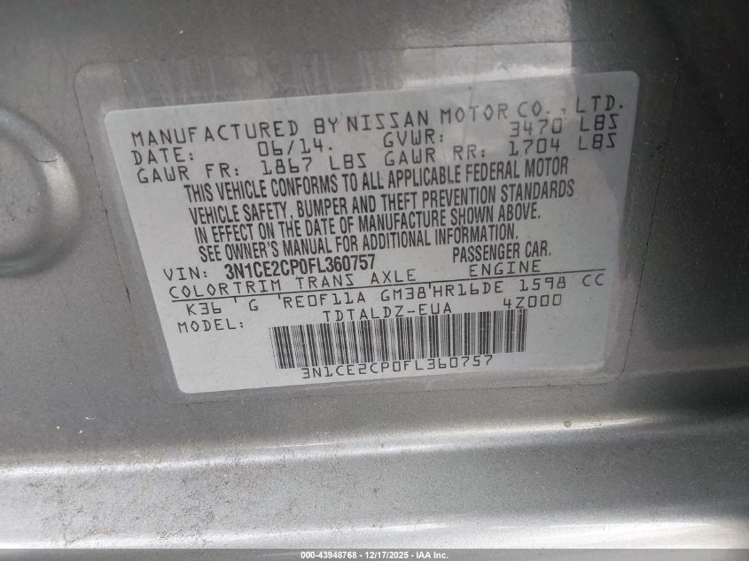 2015 Nissan Versa Note Sv VIN: 3N1CE2CP0FL360757 Lot: 43948768