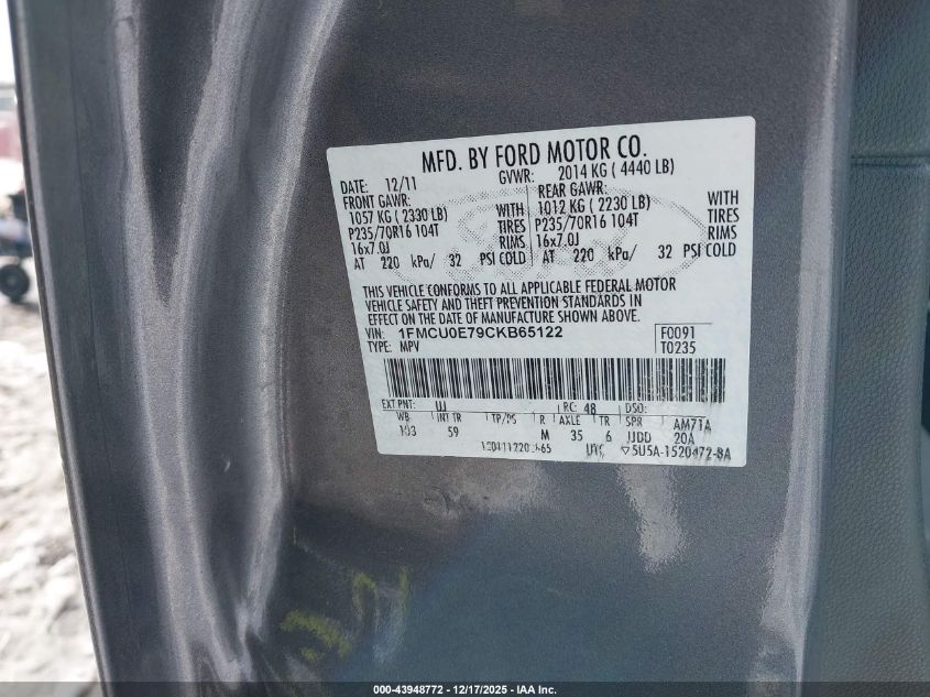 2012 Ford Escape Limited VIN: 1FMCU0E79CKB65122 Lot: 43948772