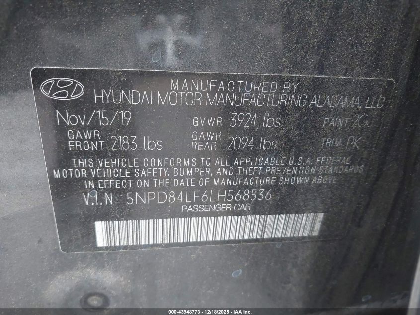 2020 Hyundai Elantra Sel VIN: 5NPD84LF6LH568536 Lot: 43948773