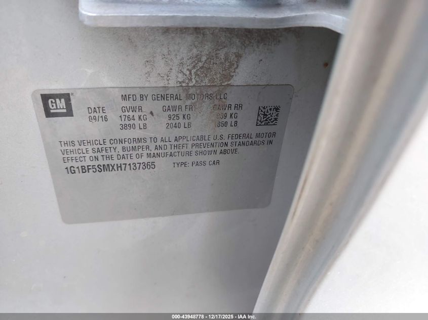 2017 Chevrolet Cruze Premier Auto VIN: 1G1BF5SMXH7137365 Lot: 43948778