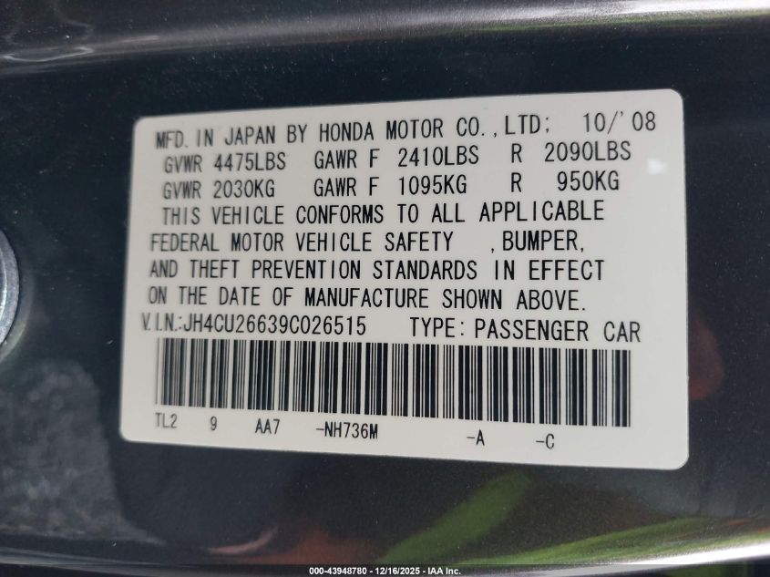 2009 Acura Tsx VIN: JH4CU26639C026515 Lot: 43948780