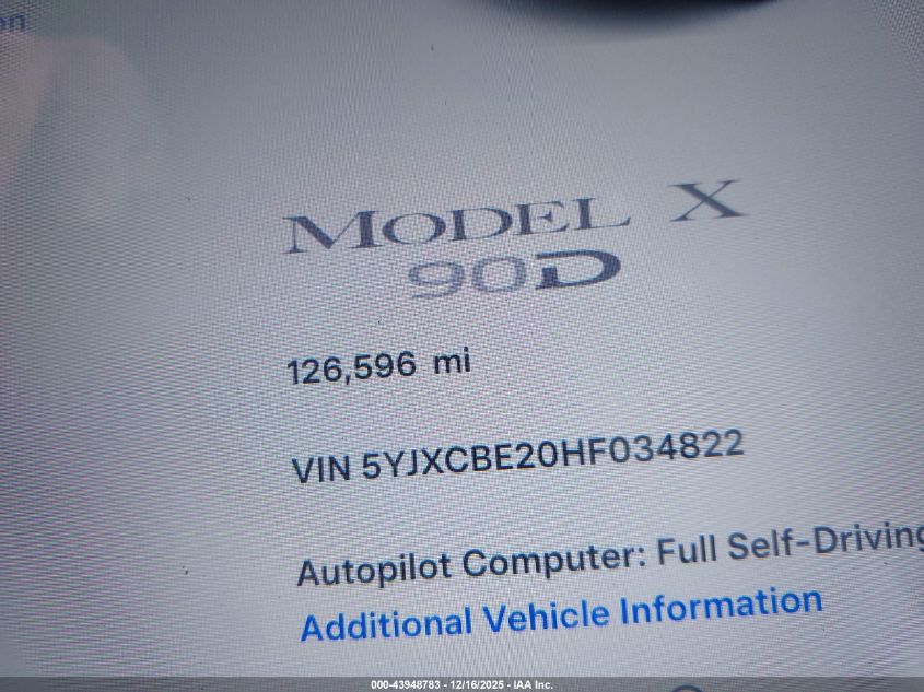 2017 Tesla Model X 100D/75D/90D VIN: 5YJXCBE20HF034822 Lot: 43948783