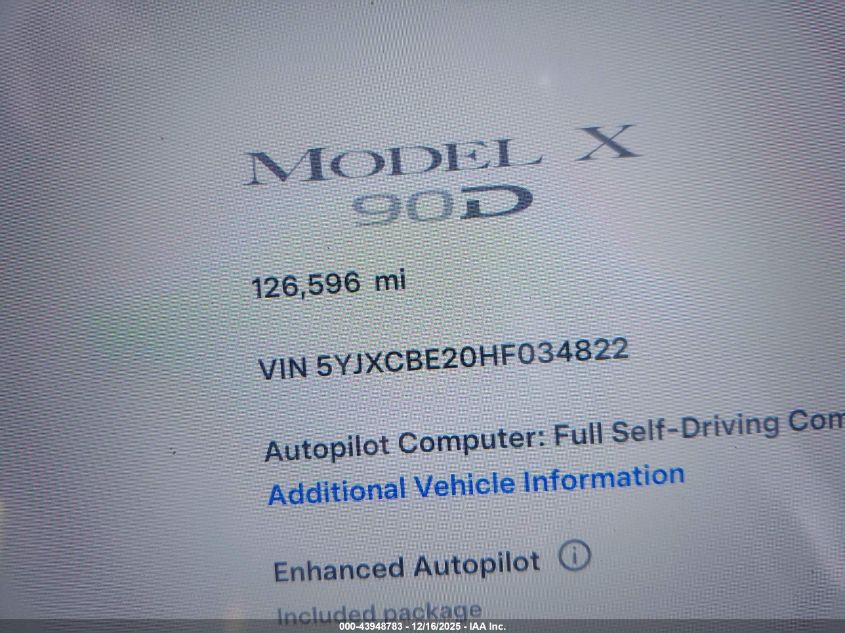 2017 Tesla Model X 100D/75D/90D VIN: 5YJXCBE20HF034822 Lot: 43948783