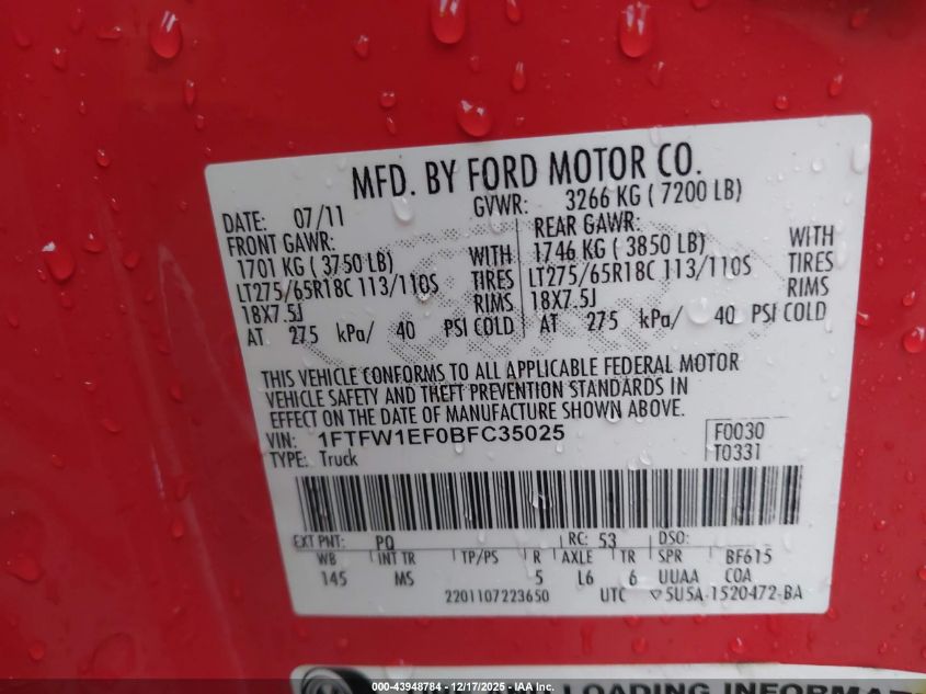 2011 Ford F-150 Xlt VIN: 1FTFW1EF0BFC35025 Lot: 43948784