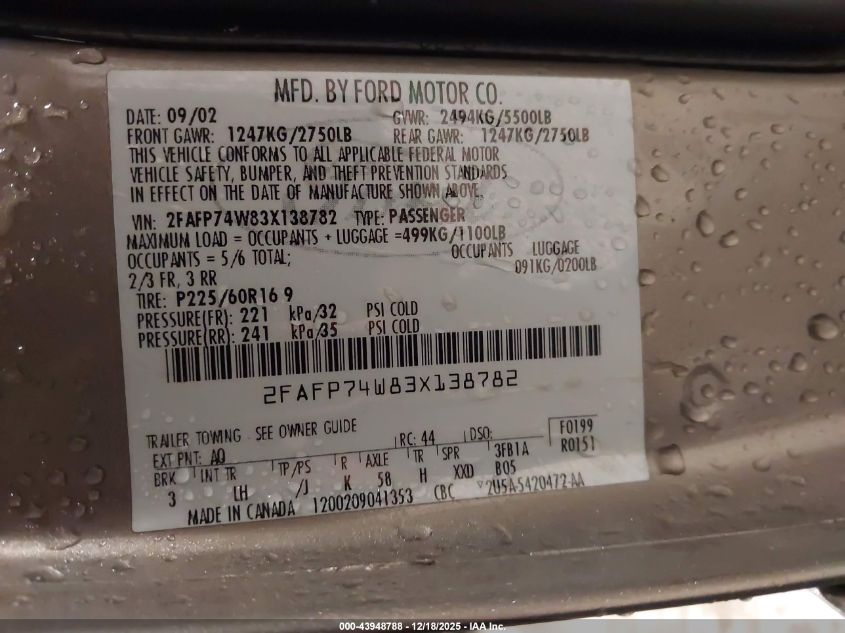 2003 Ford Crown Victoria Lx VIN: 2FAFP74W83X138782 Lot: 43948788