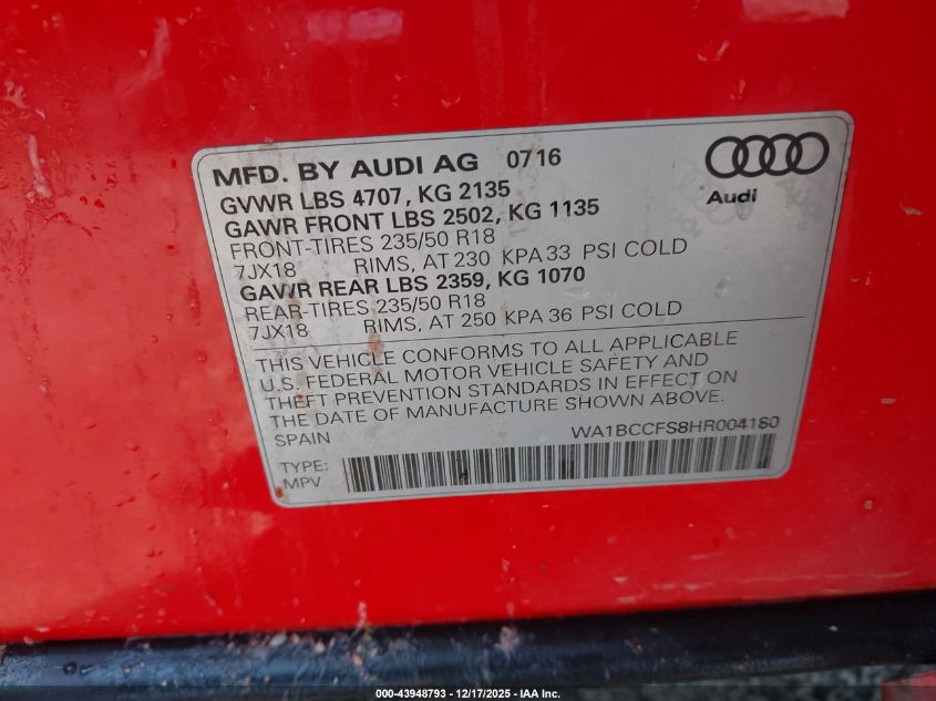 2017 Audi Q3 2.0T Premium VIN: WA1BCCFS8HR004180 Lot: 43948793