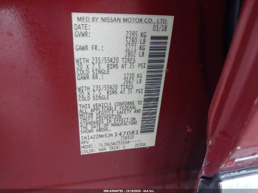2018 Nissan Murano Platinum VIN: 5N1AZ2MH5JN147081 Lot: 43948795