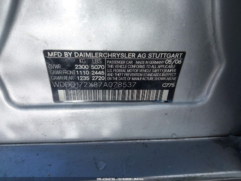 2007 Mercedes-Benz Cls 550 VIN: WDDDJ72X87A078537 Lot: 43948796