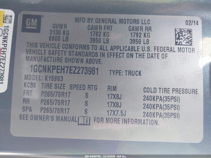 2014 Chevrolet Silverado 1500 Work Truck 2Wt VIN: 1GCNKPEH7EZ273981 Lot: 43948799