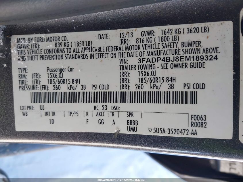 2014 Ford Fiesta Se VIN: 3FADP4BJ8EM189324 Lot: 43948801