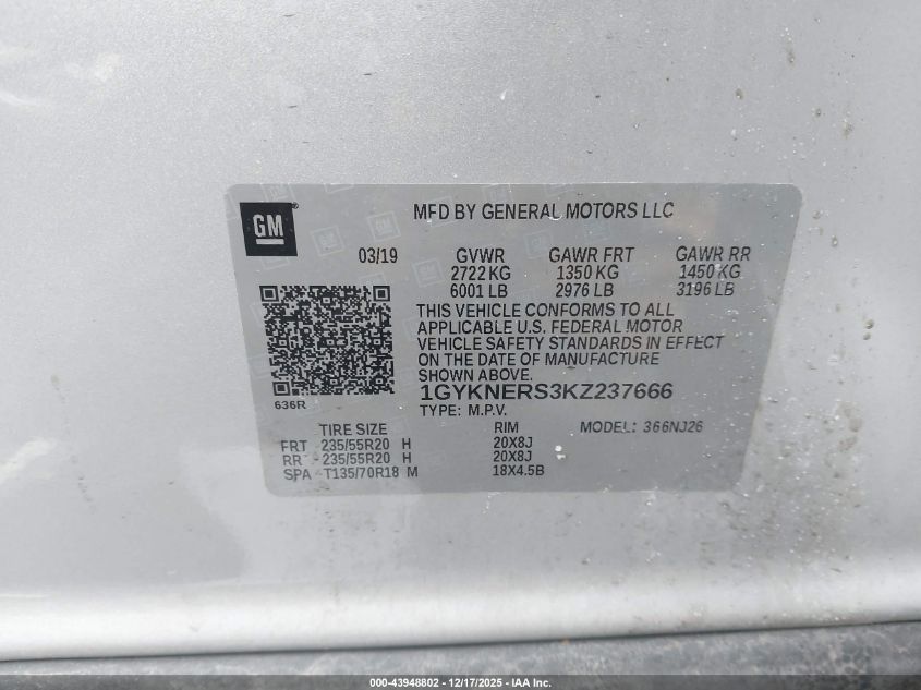 2019 Cadillac Xt5 Premium Luxury VIN: 1GYKNERS3KZ237666 Lot: 43948802