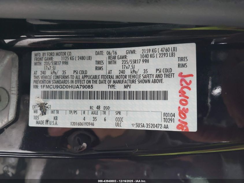 2017 Ford Escape Se VIN: 1FMCU9GD0HUA79085 Lot: 43948803