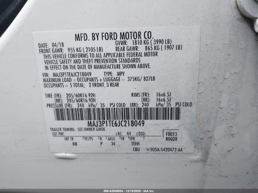 2018 Ford Ecosport Se VIN: MAJ3P1TE6JC218049 Lot: 43948804