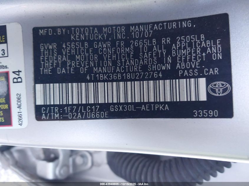 2008 Toyota Avalon Limited VIN: 4T1BK36B18U272764 Lot: 43948805