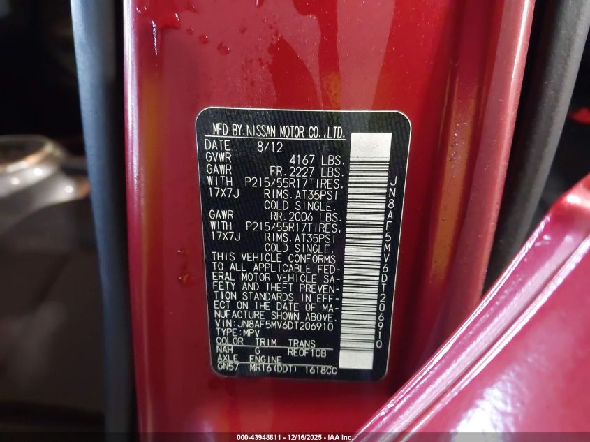 2013 Nissan Juke S VIN: JN8AF5MV6DT206910 Lot: 43948811