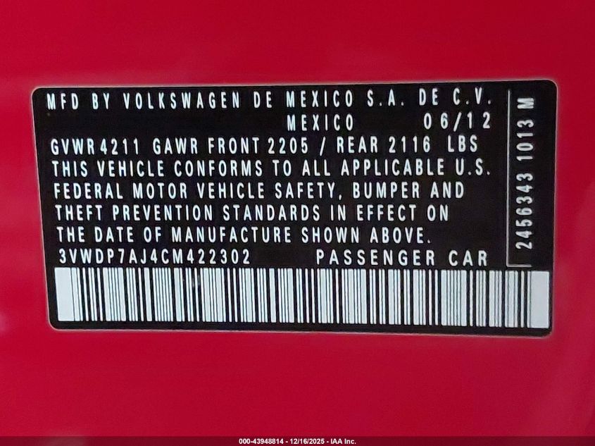 2012 Volkswagen Jetta 2.5L Se VIN: 3VWDP7AJ4CM422302 Lot: 43948814