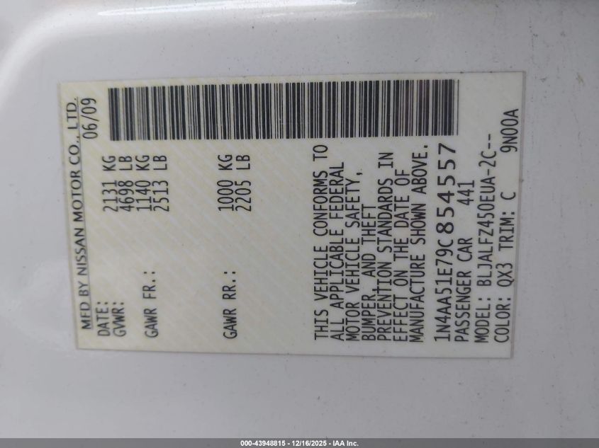 2009 Nissan Maxima 3.5 Sv VIN: 1N4AA51E79C854557 Lot: 43948815