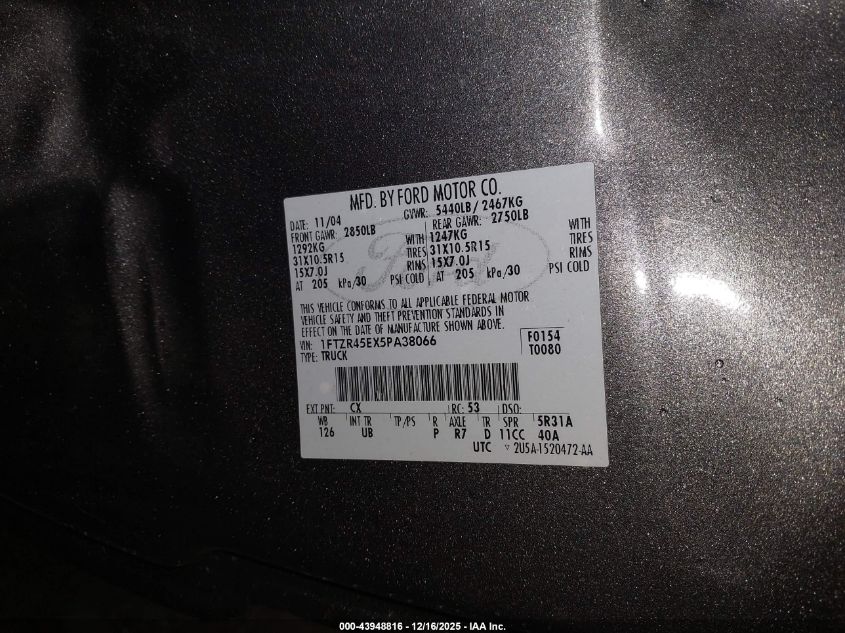 2005 Ford Ranger Edge/Fx4 Level Ii/Fx4 Off-Road/Xlt VIN: 1FTZR45EX5PA38066 Lot: 43948816