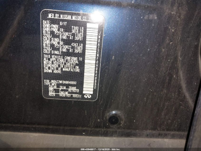 2017 Infiniti Qx80 VIN: JN8AZ2NF0H9646850 Lot: 43948817