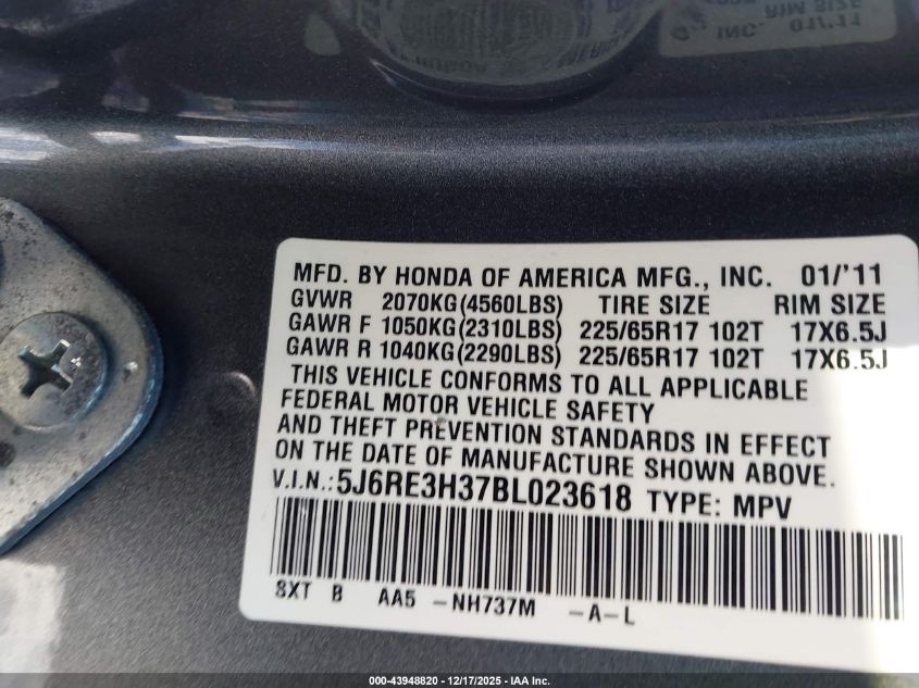 2011 Honda Cr-V Lx VIN: 5J6RE3H37BL023618 Lot: 43948820