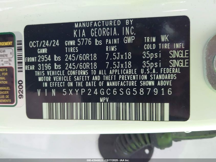 2025 Kia Telluride Lx VIN: 5XYP24GC6SG587916 Lot: 43948823