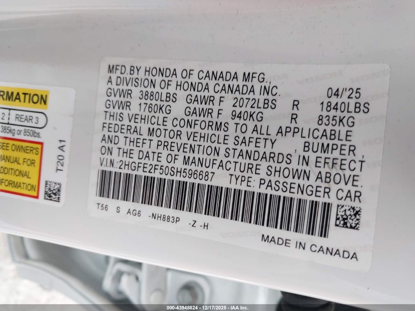 2025 Honda Civic Sport VIN: 2HGFE2F50SH596687 Lot: 43948824
