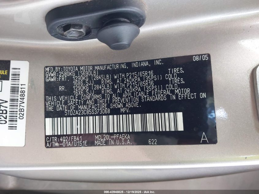 2005 Toyota Sienna Le VIN: 5TDZA23C85S373068 Lot: 43948825