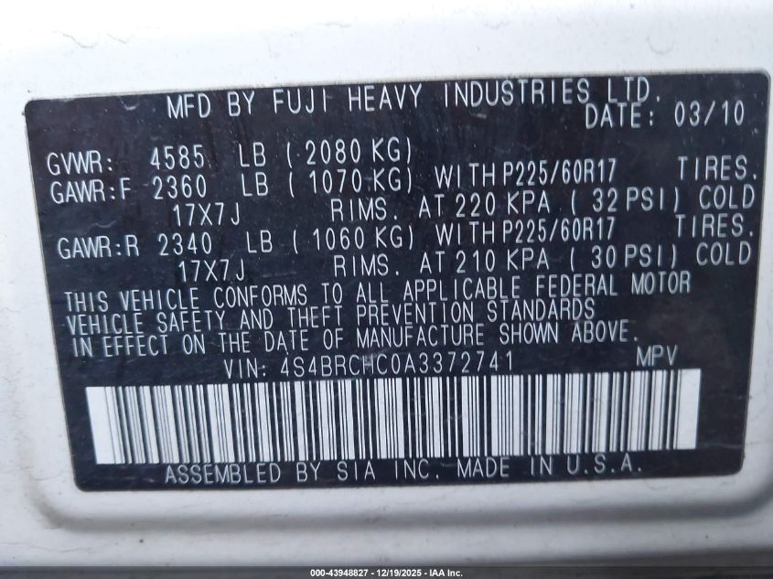 2010 Subaru Outback 2.5I Premium VIN: 4S4BRCHC0A3372741 Lot: 43948827