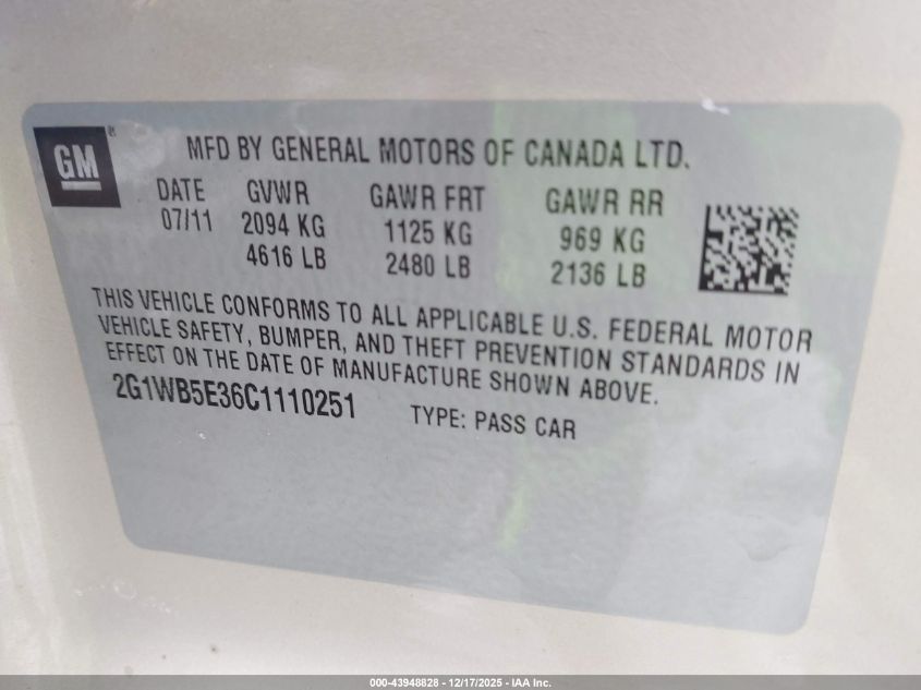 2012 Chevrolet Impala Lt VIN: 2G1WB5E36C1110251 Lot: 43948828