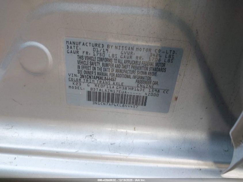 2019 Nissan Versa 1.6 S+ VIN: 3N1CN7AP6KL844457 Lot: 43948830