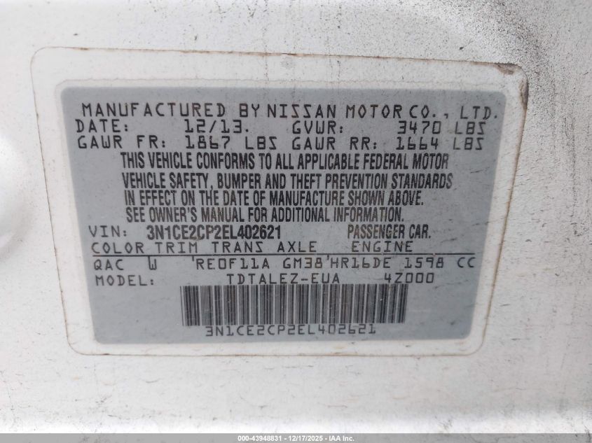 2014 Nissan Versa Note Sv VIN: 3N1CE2CP2EL402621 Lot: 43948831