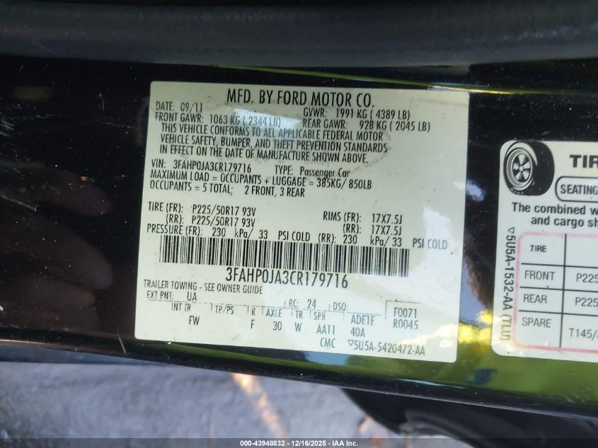 2012 Ford Fusion Sel VIN: 3FAHP0JA3CR179716 Lot: 43948832