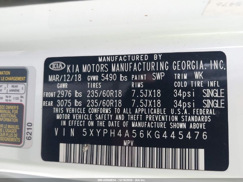 2019 Kia Sorento 3.3L Ex VIN: 5XYPH4A56KG445476 Lot: 43948834