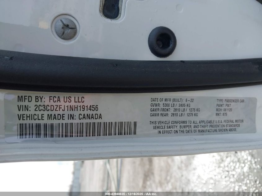 2022 Dodge Challenger R/T Scat Pack VIN: 2C3CDZFJ1NH191456 Lot: 43948835