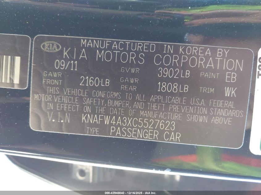 2012 Kia Forte Sx VIN: KNAFW4A3XC5527623 Lot: 43948840