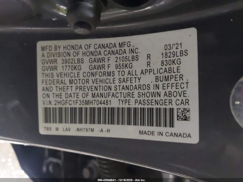 2021 Honda Civic Ex VIN: 2HGFC1F35MH704481 Lot: 43948841