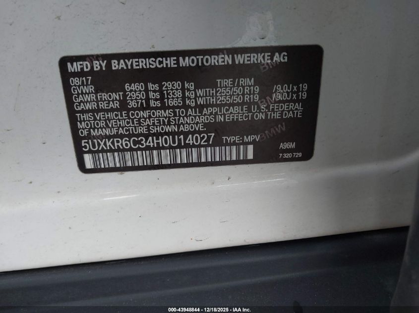 2017 BMW X5 xDrive50I VIN: 5UXKR6C34H0U14027 Lot: 43948844