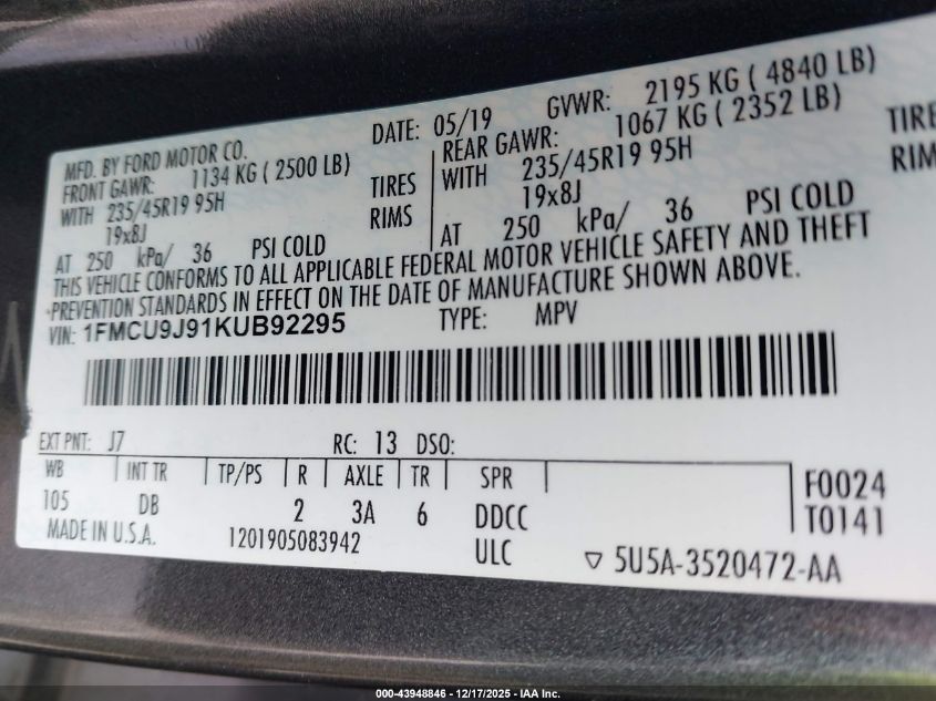 2019 Ford Escape Titanium VIN: 1FMCU9J91KUB92295 Lot: 43948846