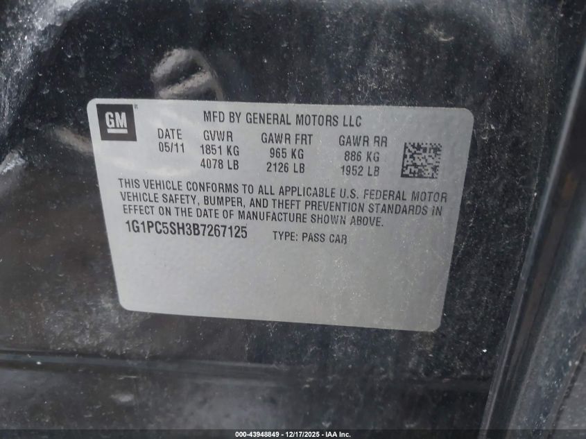 2011 Chevrolet Cruze Ls VIN: 1G1PC5SH3B7267125 Lot: 43948849