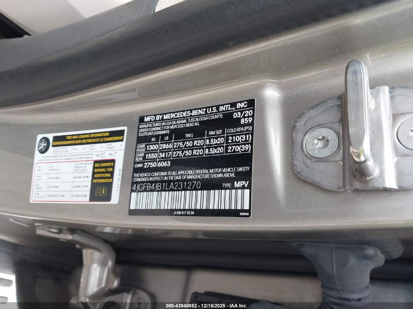 2020 Mercedes-Benz Gle 350 VIN: 4JGFB4JB1LA231270 Lot: 43948852