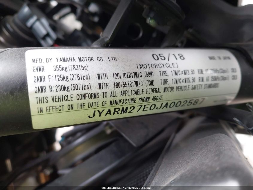 2018 Yamaha Mt07 VIN: JYARM27E0JA002587 Lot: 43948854