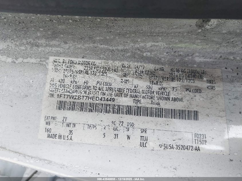 2017 Ford F-250 Xlt VIN: 1FT7W2BT7HED43449 Lot: 43948855