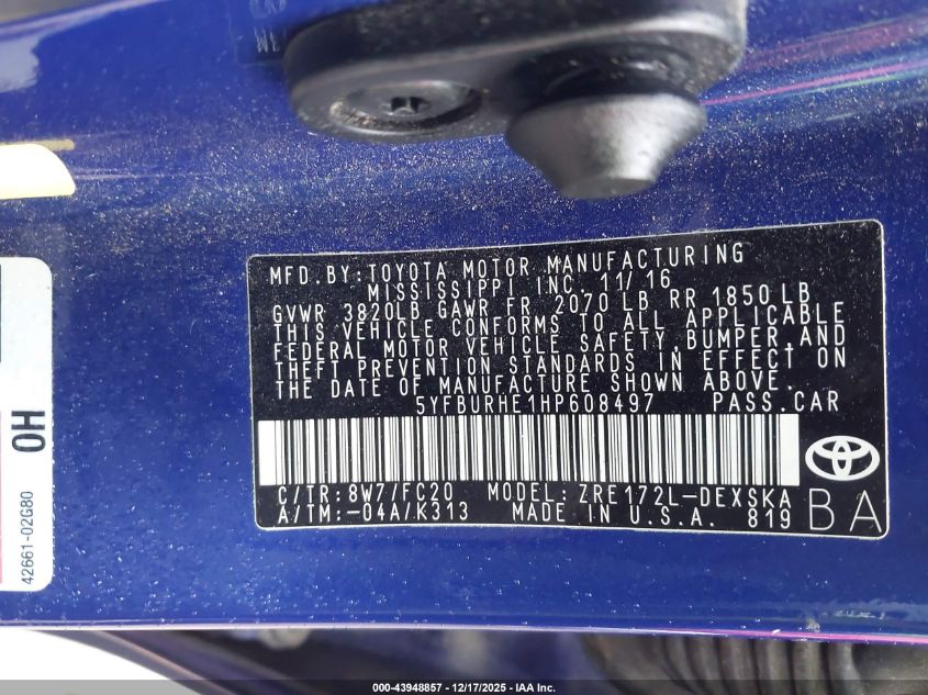 2017 Toyota Corolla Se VIN: 5YFBURHE1HP608497 Lot: 43948857