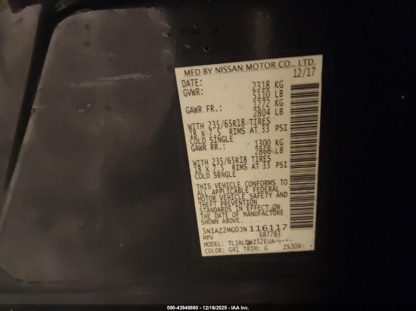 2018 Nissan Murano Sv VIN: 5N1AZ2MG0JN116117 Lot: 43948860