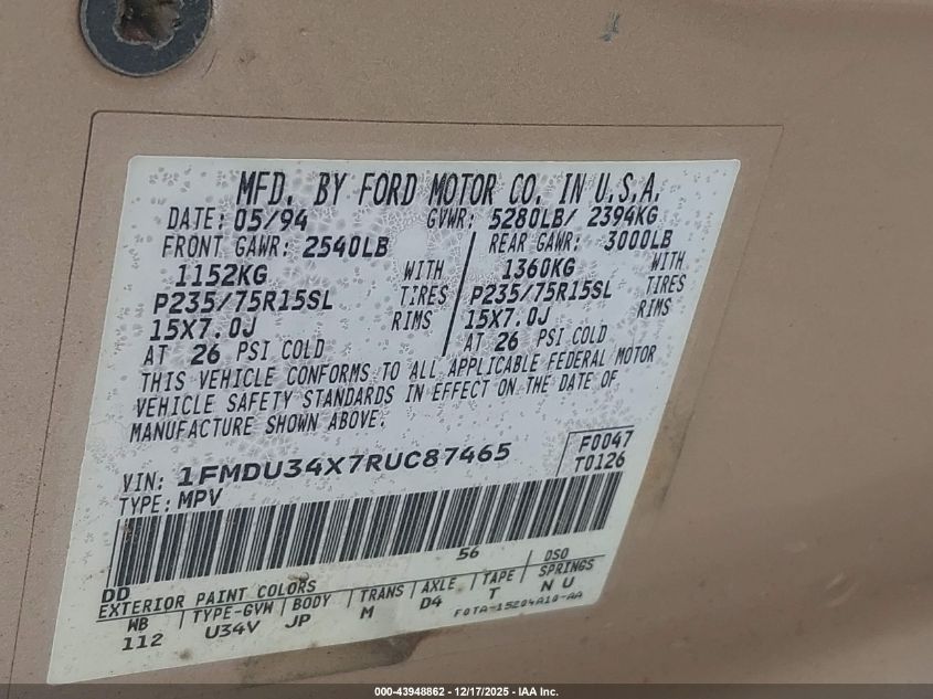 1994 Ford Explorer VIN: 1FMDU34X7RUC87465 Lot: 43948862