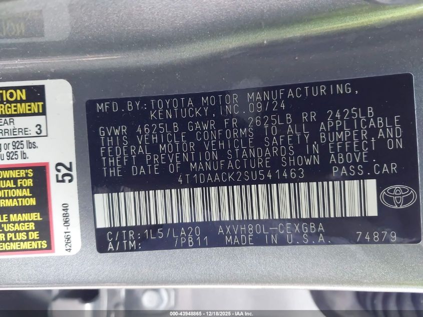 2025 Toyota Camry Xle VIN: 4T1DAACK2SU541463 Lot: 43948865