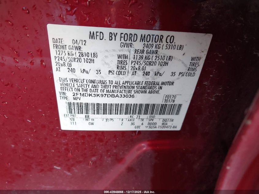 2013 Ford Edge Limited VIN: 2FMDK3K97DBA33036 Lot: 43948866