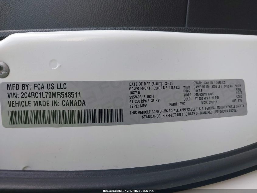 2021 Chrysler Pacifica Hybrid Touring L VIN: 2C4RC1L70MR548511 Lot: 43948868